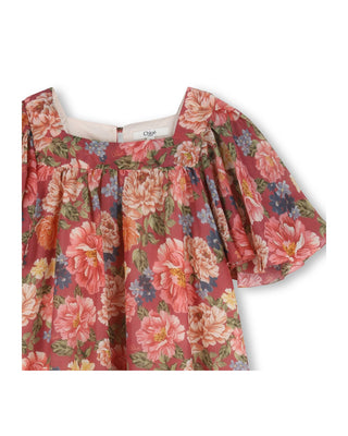 Red Floral Flounce Sleeve Dress