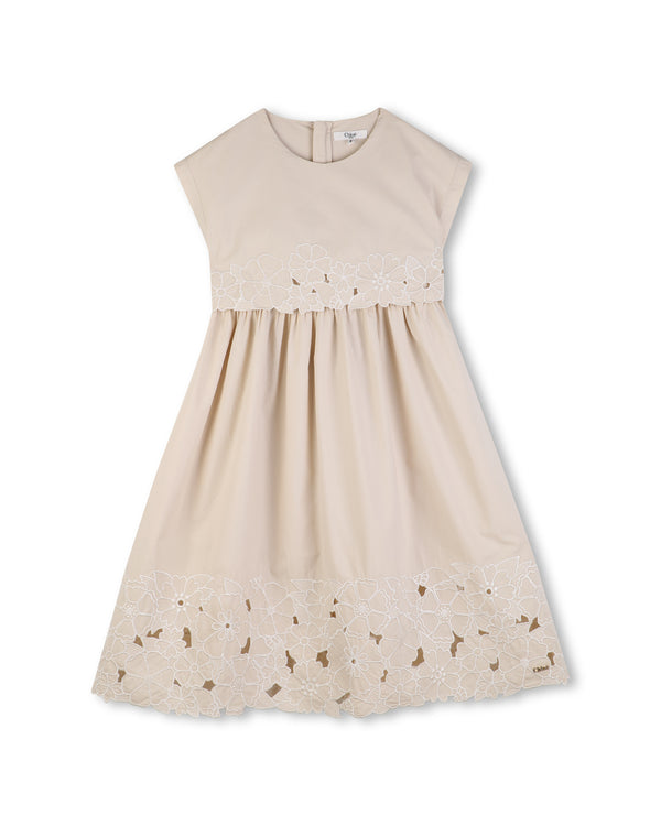 Cream Openwork Floral Hem Poplin Dress