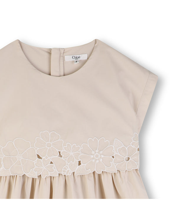 Cream Openwork Floral Hem Poplin Dress