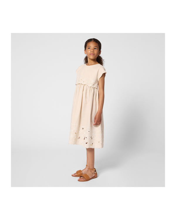 Cream Openwork Floral Hem Poplin Dress