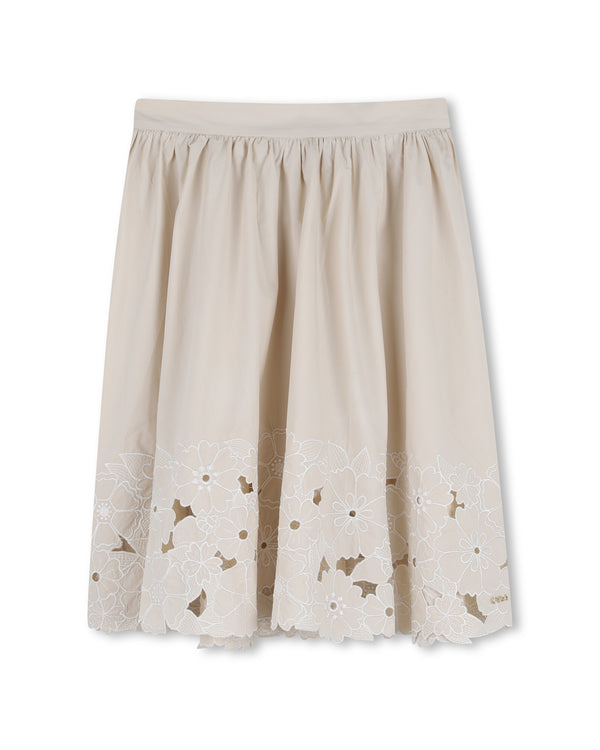 Cream Openwork Floral Hem Poplin Skirt
