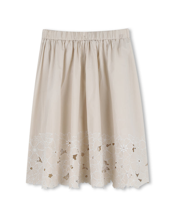 Cream Openwork Floral Hem Poplin Skirt