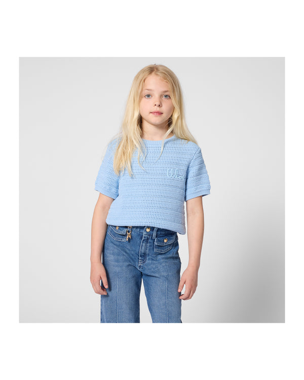 Blue Crochet Logo Short Sleeve Sweater