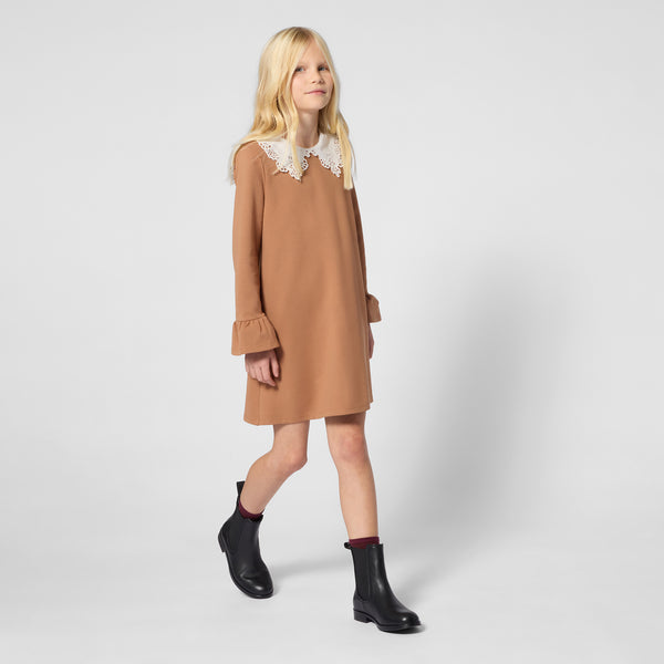 Tan with White Lace Collar Dress