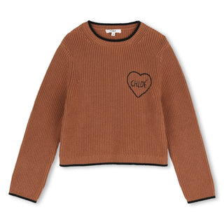 Tan Knit Heart Crewneck Sweater