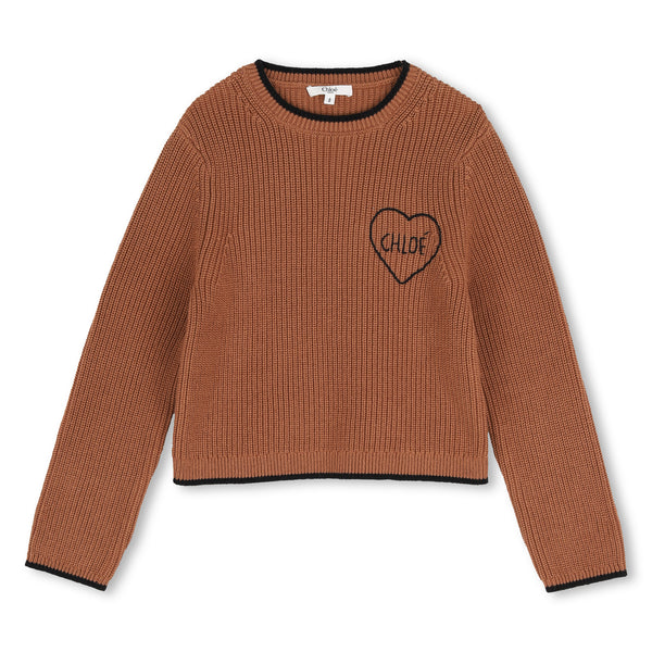 Tan Knit Heart Crewneck Sweater