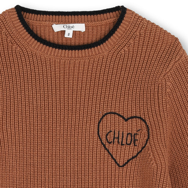 Tan Knit Heart Crewneck Sweater