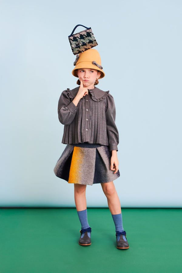 Grey Frill Collar Pleated Blouse