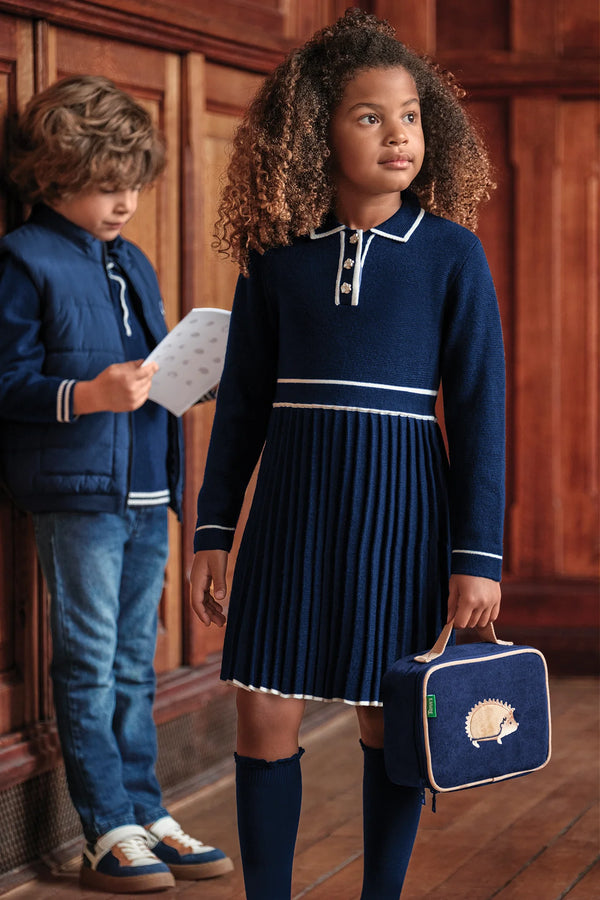 Navy with White Trim Collar Pleated Dress