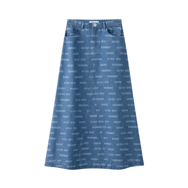 Blue Denim Printed Midi Skirt