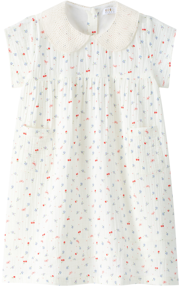 Cream with Multicolor Cherry Short Sleeve Dress