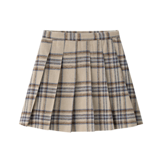 Beige and Blue Plaid Pleated Skirt