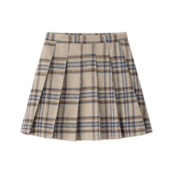 Beige and Blue Plaid Pleated Skirt