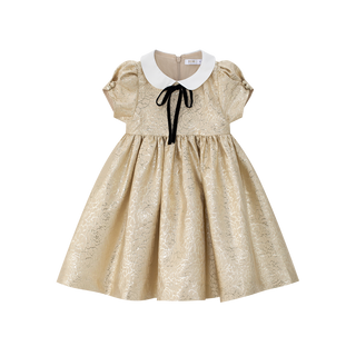 Gold Jaquard Puff Sleeve Dress