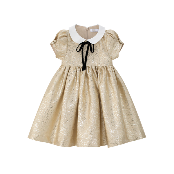 Gold Jaquard Puff Sleeve Dress