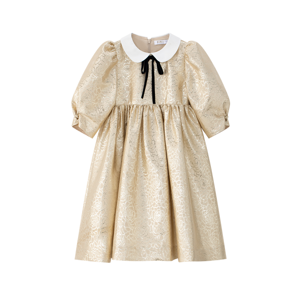 Gold Jaquard Puff Sleeve Dress