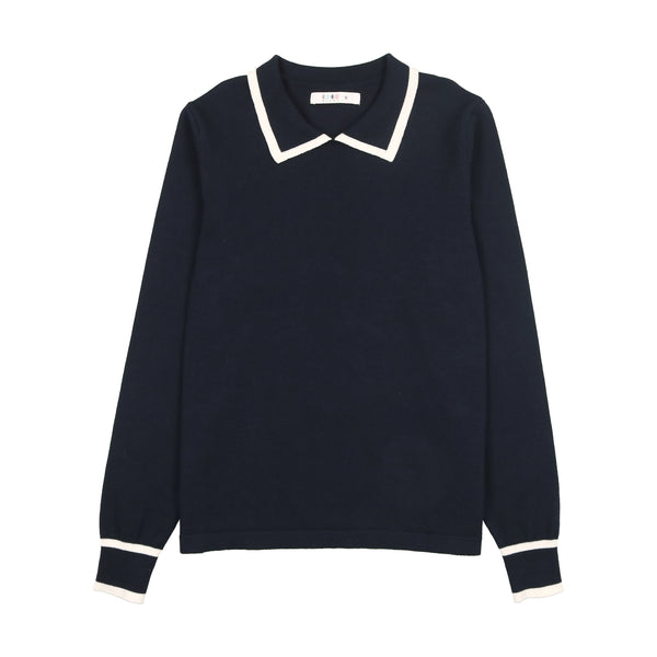 Navy with White Trim Collared Sweater