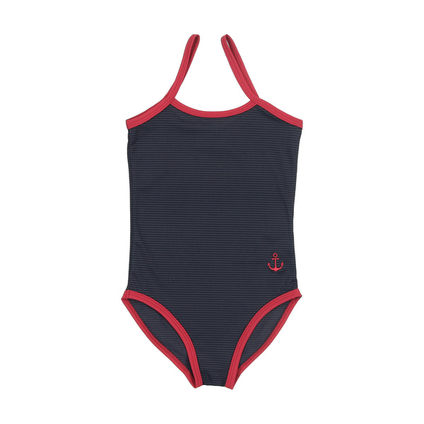 Navy Striped with Red Trim Swimsuit