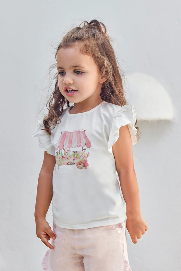 White and Pink Flower Cart Tee