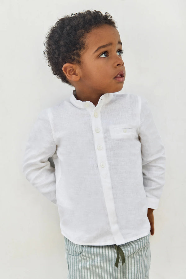 White Little Boys Collarless Linen Shirt