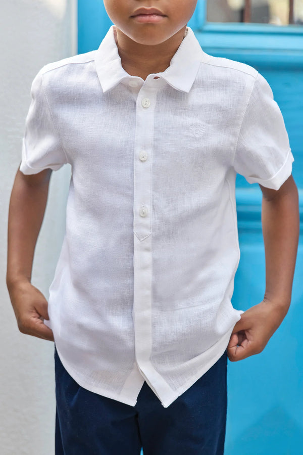 White Big Boys Short Sleeve Linen Shirt