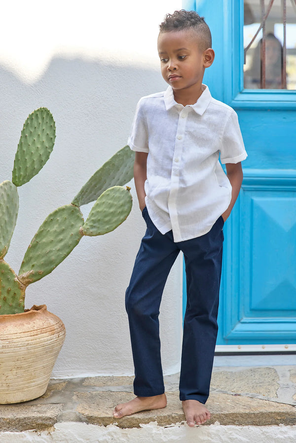White Big Boys Short Sleeve Linen Shirt
