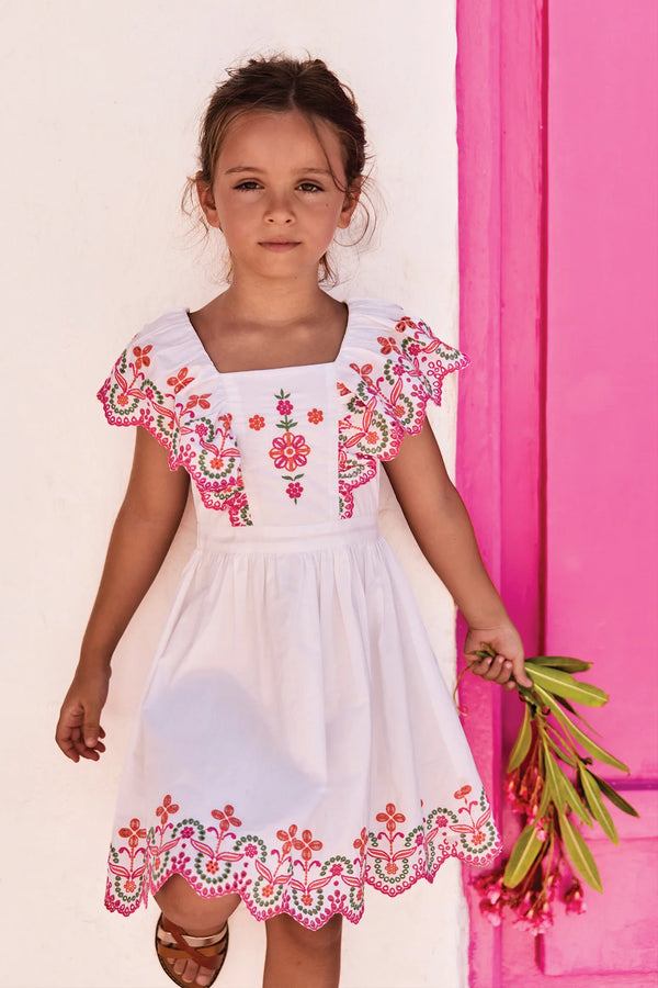 White with Pink Embroidery Dress