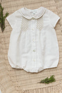 White Baby Beige Smocking Linen Romper