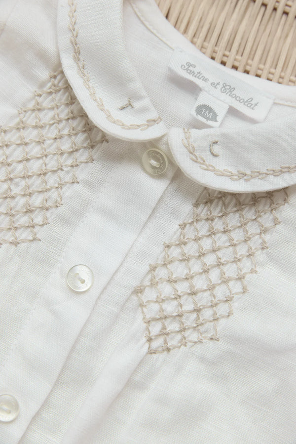White Baby Beige Smocking Linen Romper