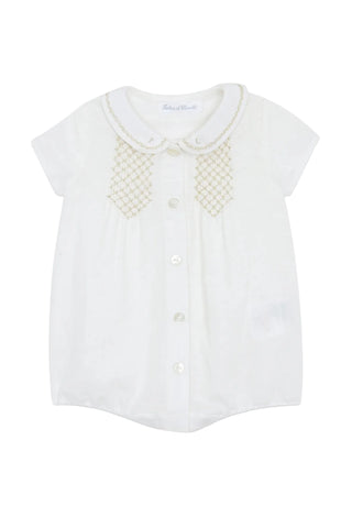 White Baby Beige Smocking Linen Romper