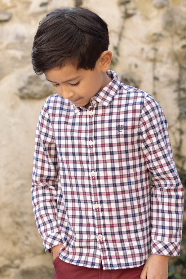 Boys Navy and Bordeaux Check Shirt