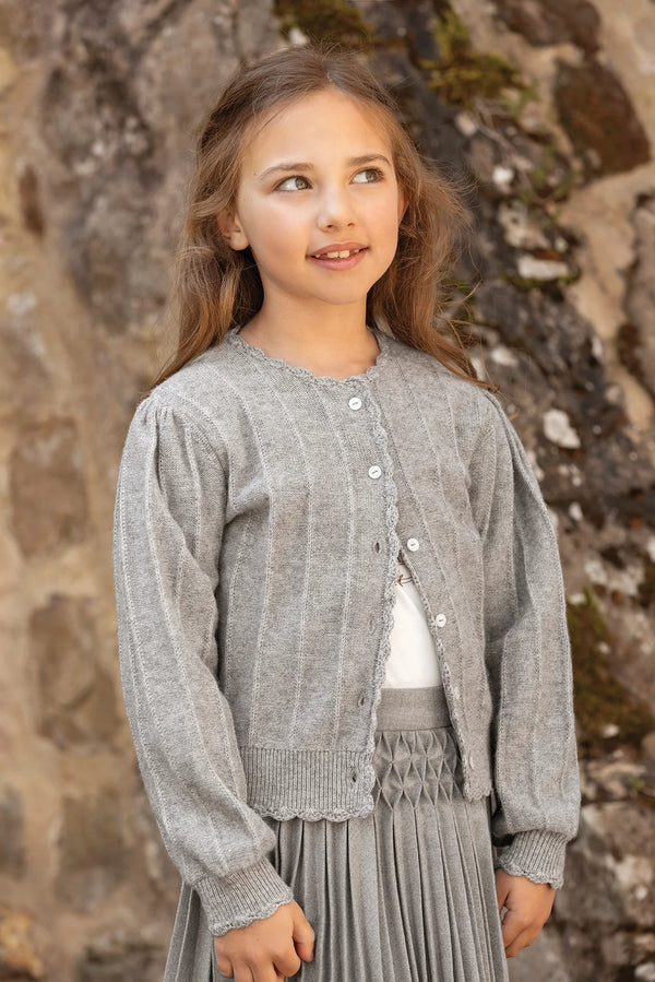 Grey Ribbed Scalloped Trim Cardigan