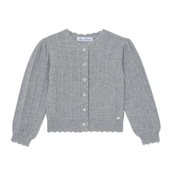Grey Ribbed Scalloped Trim Cardigan