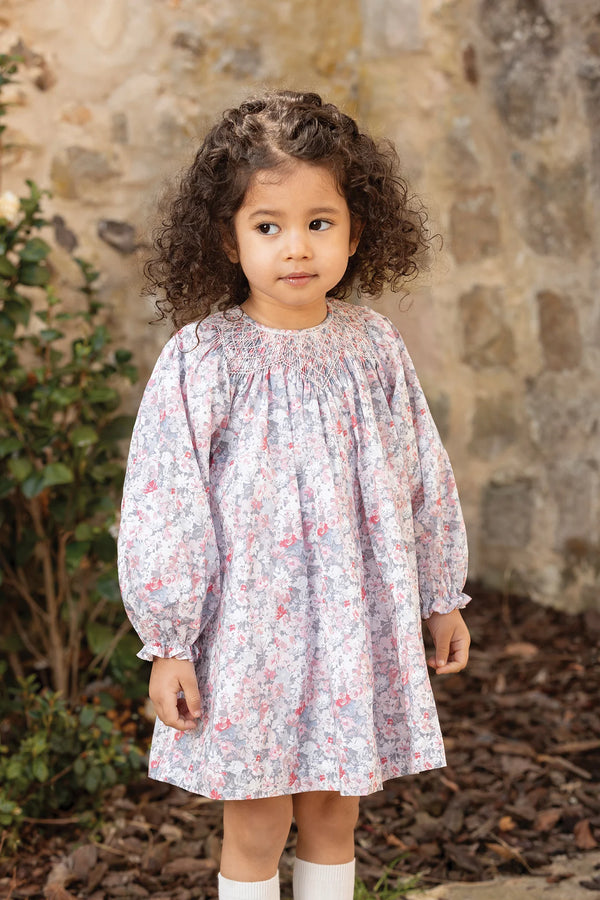 Pink and Grey Floral Smocked Dress