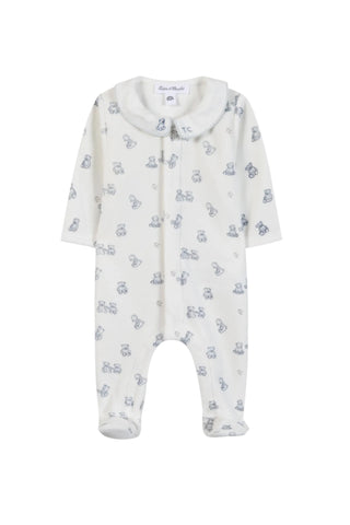 White Blue Velour Teddy Bear Footie
