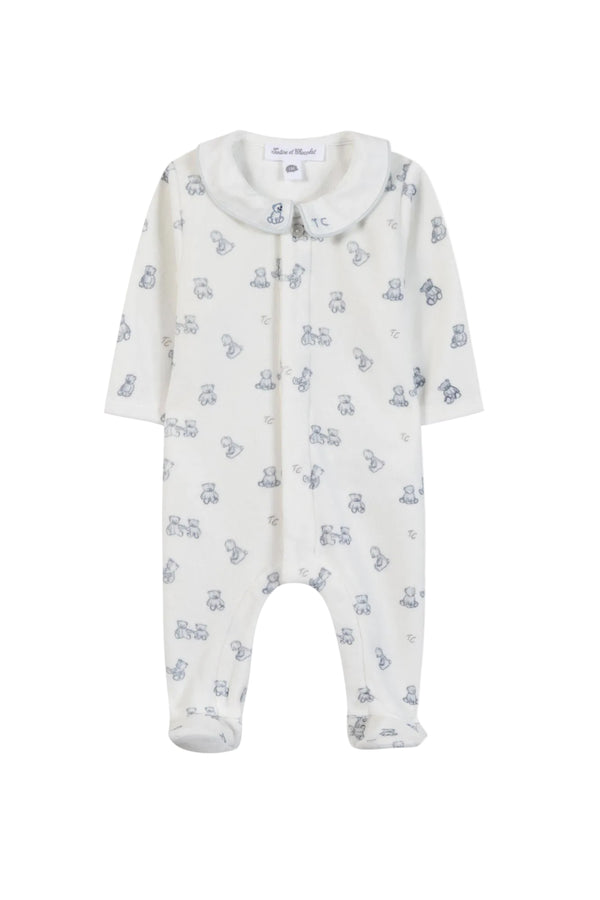 White Blue Velour Teddy Bear Footie