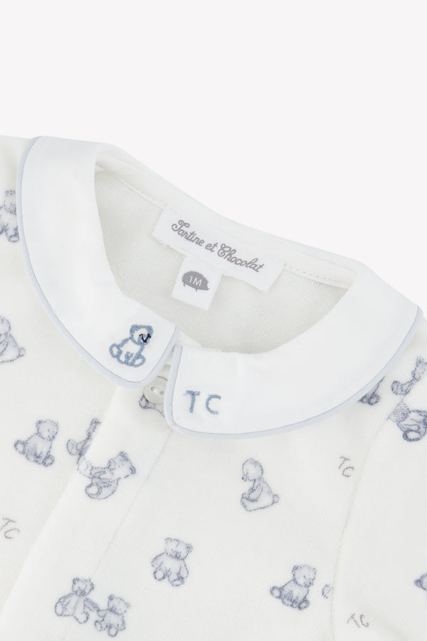 White Blue Velour Teddy Bear Footie
