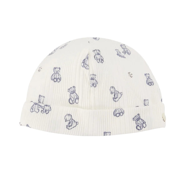White Ribbed Blue Teddy Bear Hat