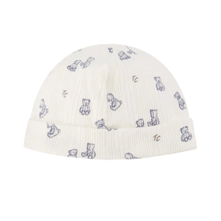 White Ribbed Blue Teddy Bear Hat