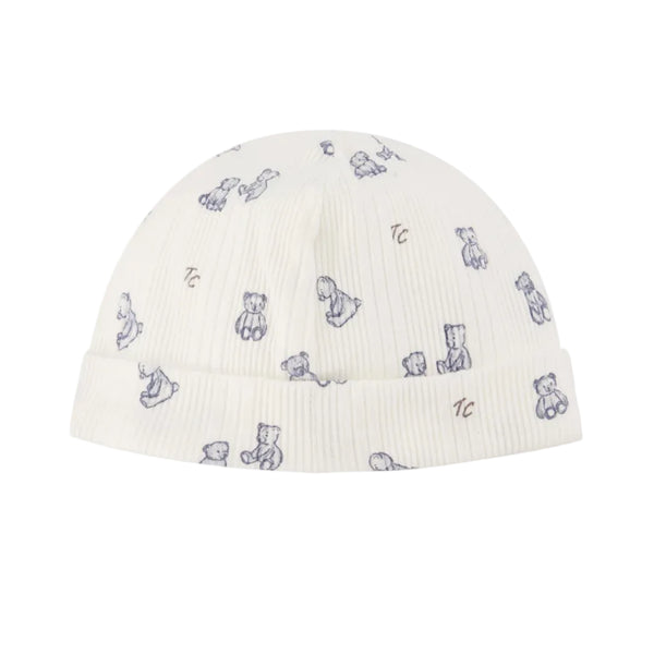White Ribbed Blue Teddy Bear Hat