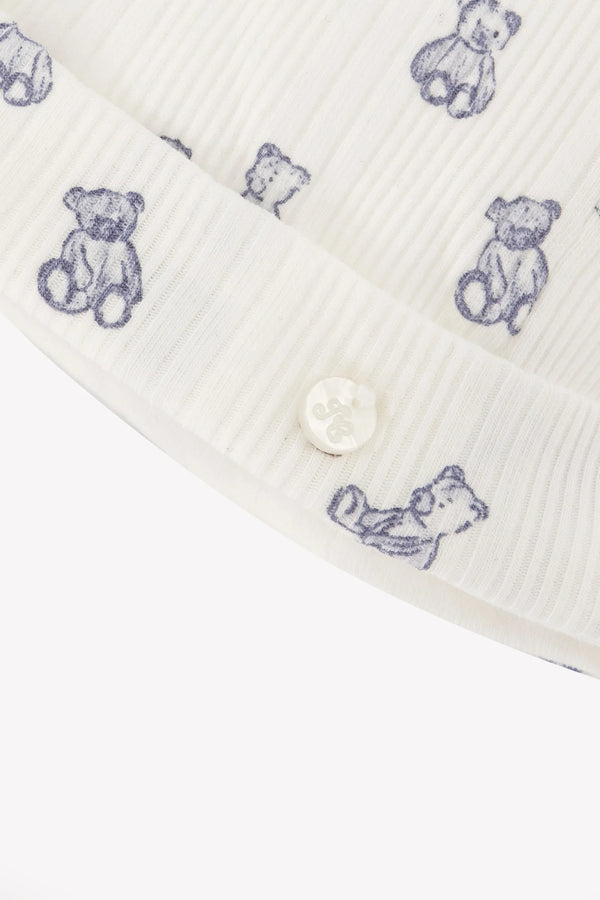White Ribbed Blue Teddy Bear Hat
