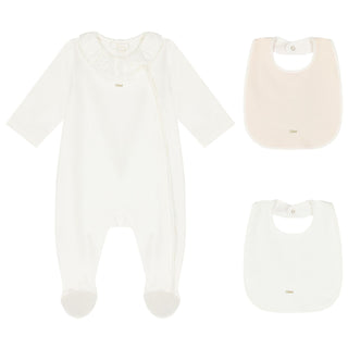 Off White Footie & 2 Bibs Set