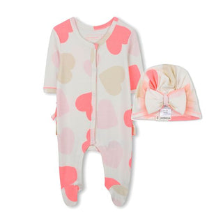 Ivory Heart Print Footie and Hat