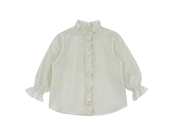 White Ruffle Trim Mockneck Blouse