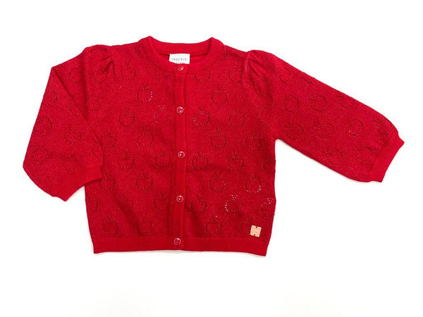 Dark Red Apple Embroidered Knitted Button Down Cardigan