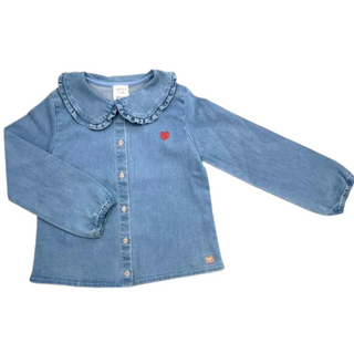 Denim Blue Ruffle Collar Pocket Apple Shirt