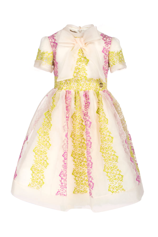 Embroidered Organza Party Dress with Bow