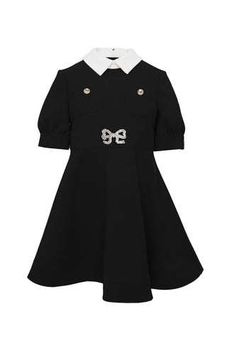 Black with White Collar Crepe Long Length Dress