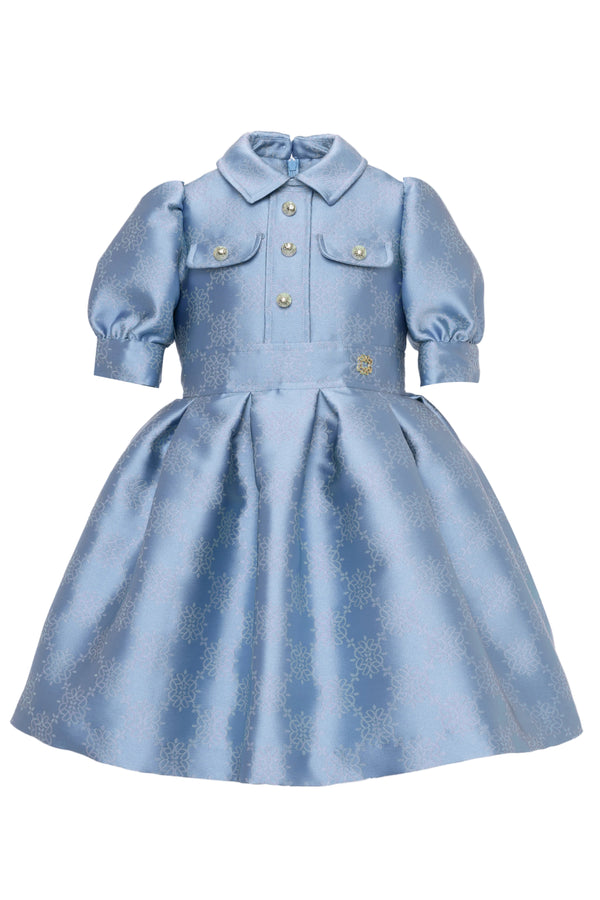 Light Blue Jacquard Puff Sleeve Dress