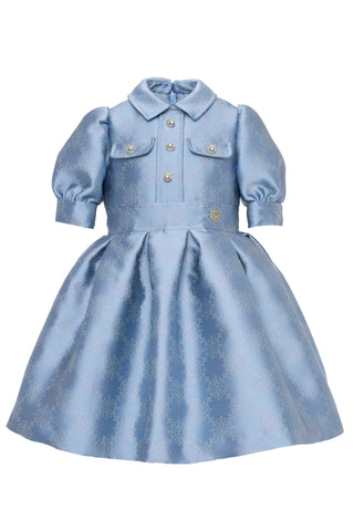 Light Blue Jacquard Puff Sleeve Long Length Dress